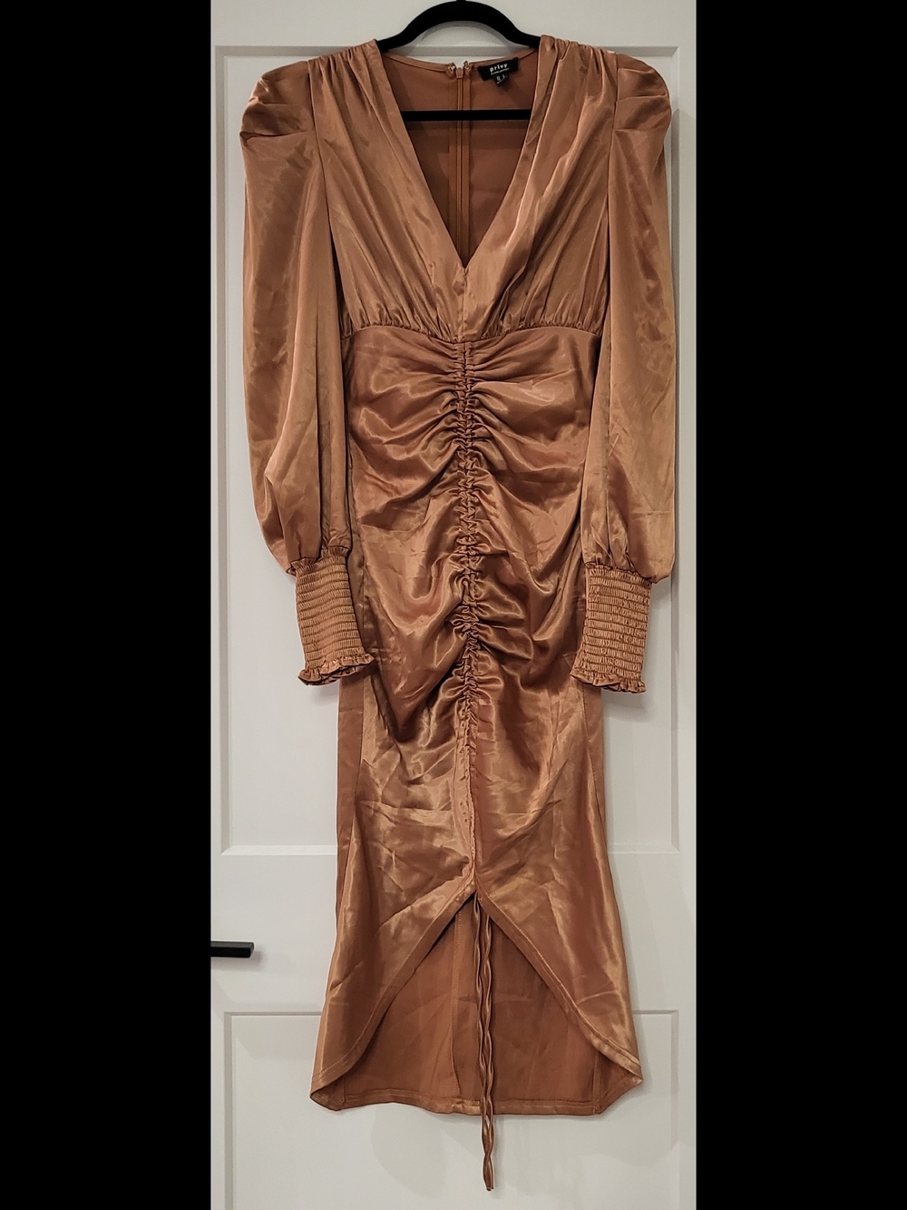 Privy Copper Satin Ruched Long Sleeve Midi Dress